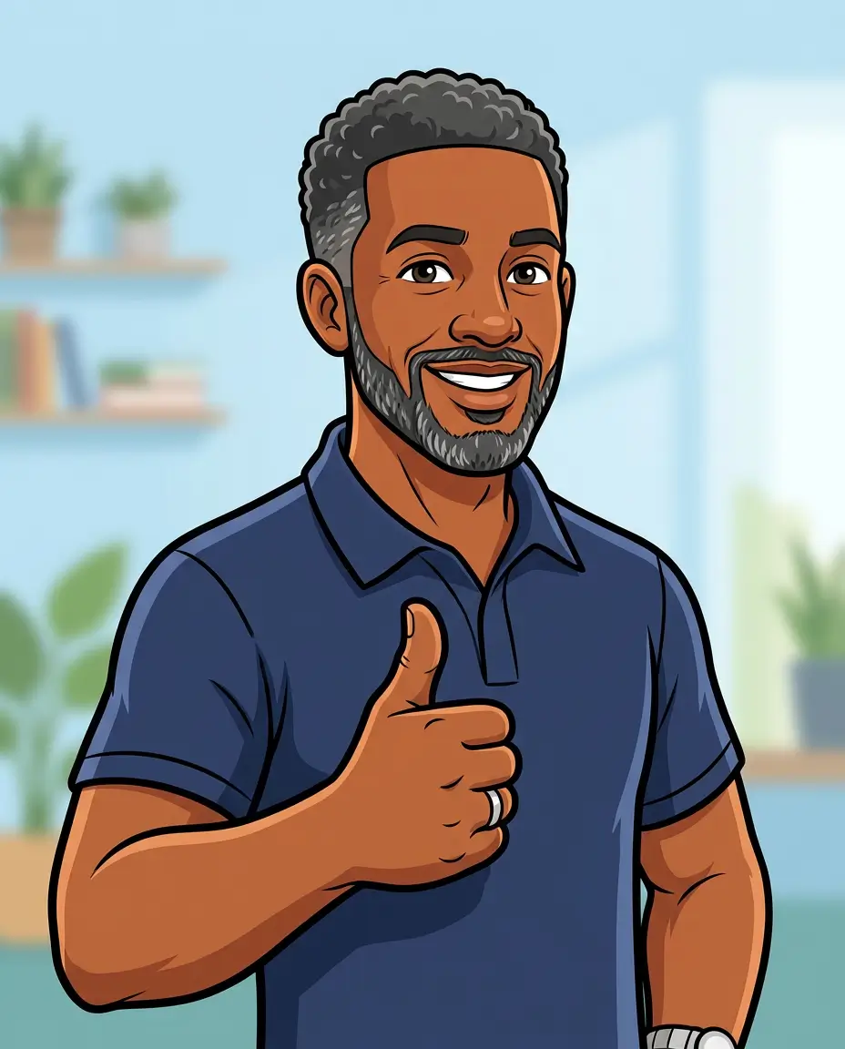 Cartoon portrait of an African American man in his mid-40s with a slight hint of grey hair, smiling confidently. Upper body and arms visible, giving a thumbs-up. Friendly vector cartoon style, isolated background.