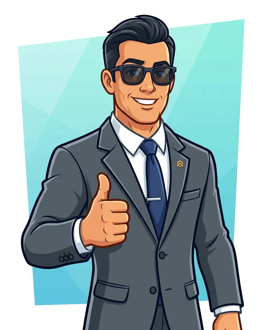 Cartoon portrait of a confident businessman with slicked-back hair, wearing sunglasses and a tie. Upper body and arms visible, giving a thumbs-up. Friendly yet professional vector cartoon style, isolated background.