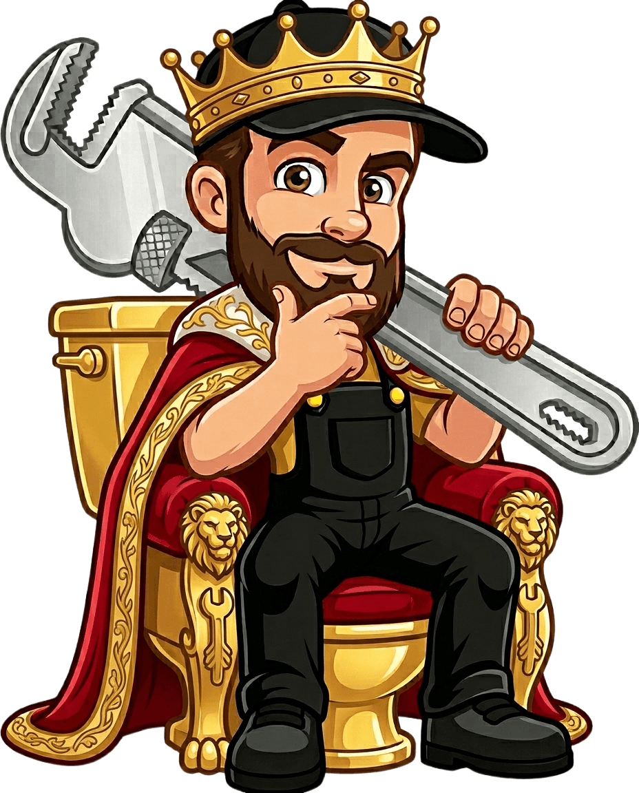 Cartoon plumber sitting on a gold-plated throne toilet, wearing a crown and robe, holding a large wrench, thinking thoughtfully. Friendly vector style, isolated background.