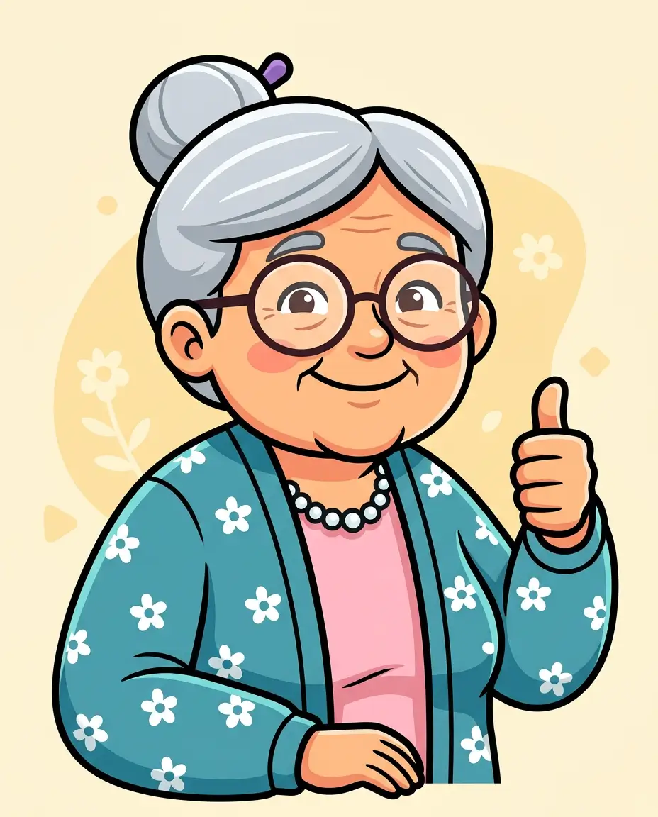 Cartoon portrait of a sweet elderly woman with silver hair in a bun and big round glasses, smiling warmly. Upper body and arms visible, giving a thumbs-up. Friendly vector cartoon style, isolated background.